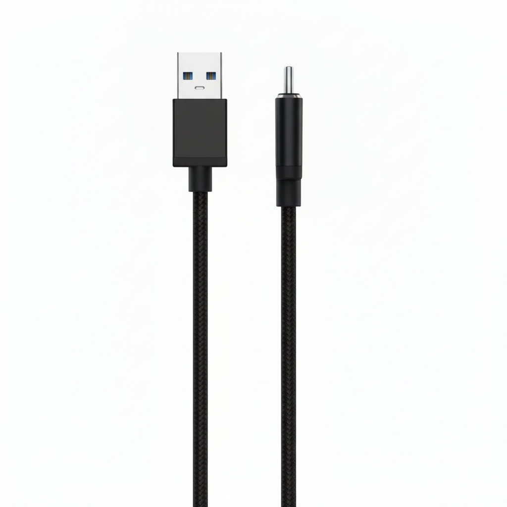 Black USB cable with one end being a standard USB connector and the other a micro USB connector on a white background.
