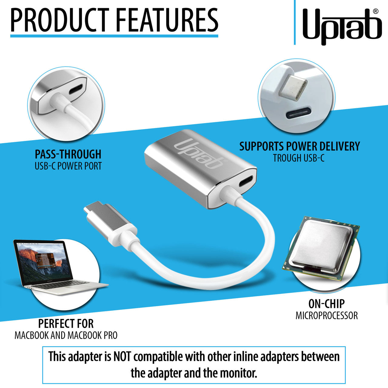 Close-up of UPTab USB-C to Mini DisplayPort Adapter – Silver, showcasing the USB-C and Mini DisplayPort connectors for 4K@60Hz video output.