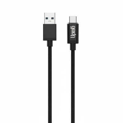UPTab Black USB cable with one end being a standard USB-C connector and the other a USB-A connector on a white background.