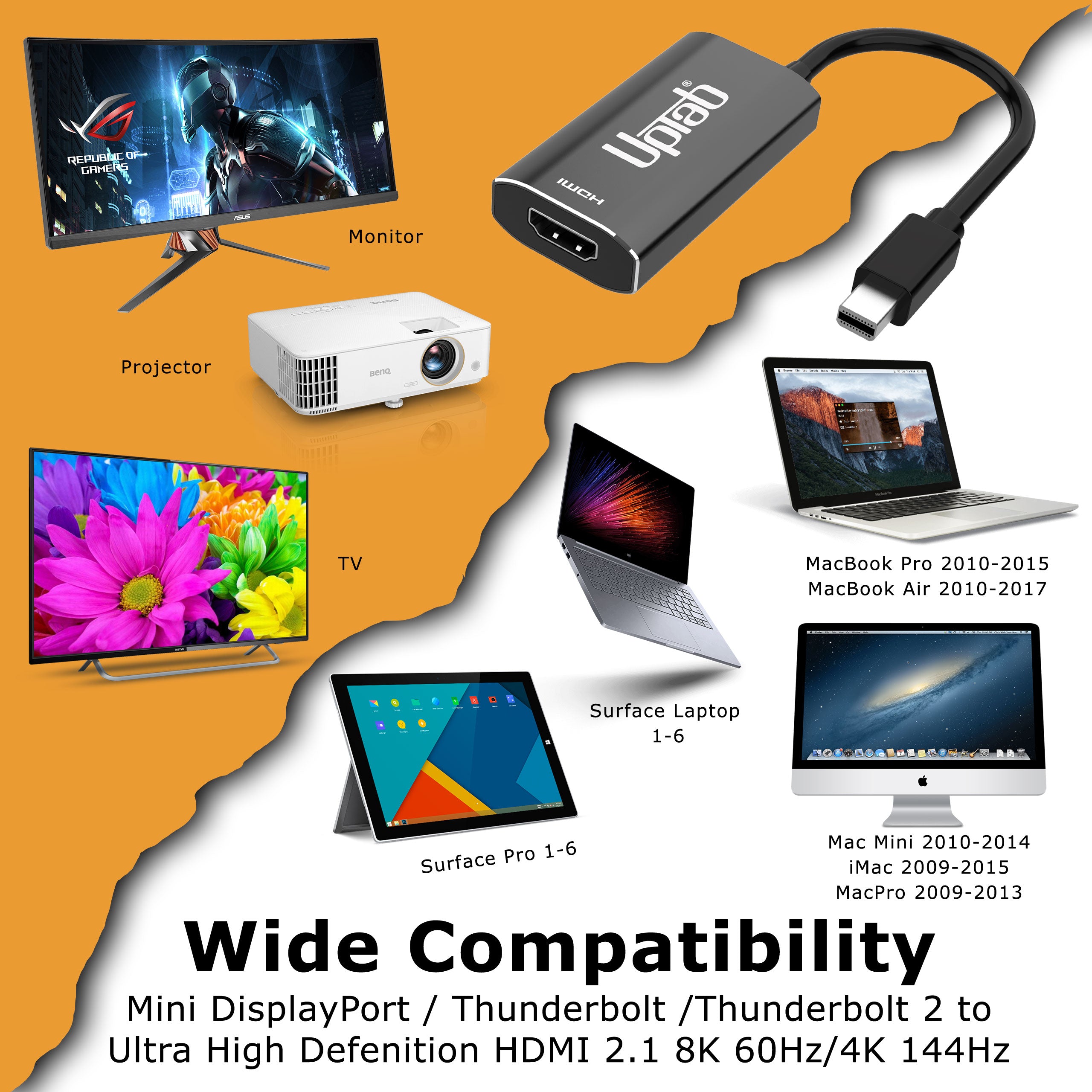 UPTab Mini DisplayPort to HDMI 2.1 8K 60Hz  adapter compatibility with various devices on an orange and white background